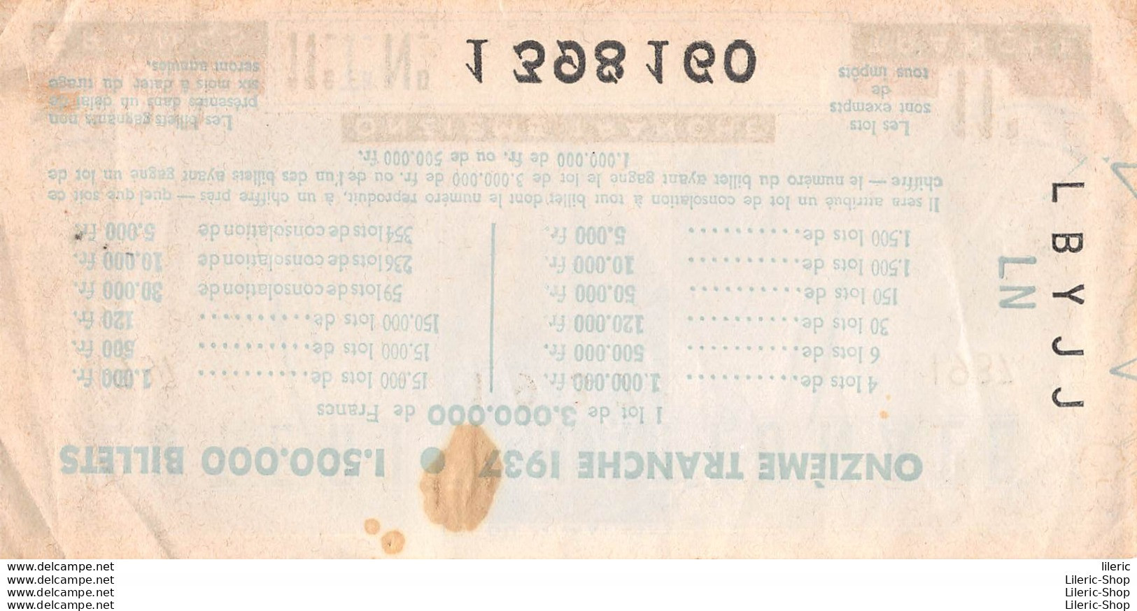 LOTERIE NATIONALE  // TICKET ONZIEME TRANCHE 100 FRANCS ANNEE 1937 - Biglietti Della Lotteria