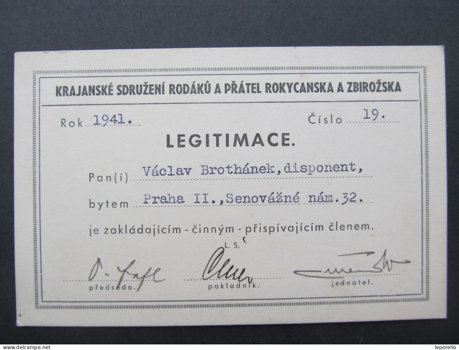 KARTE Rokycany Zbiroh Legitimace 1941 Brothánek    /// P9982 - Covers & Documents