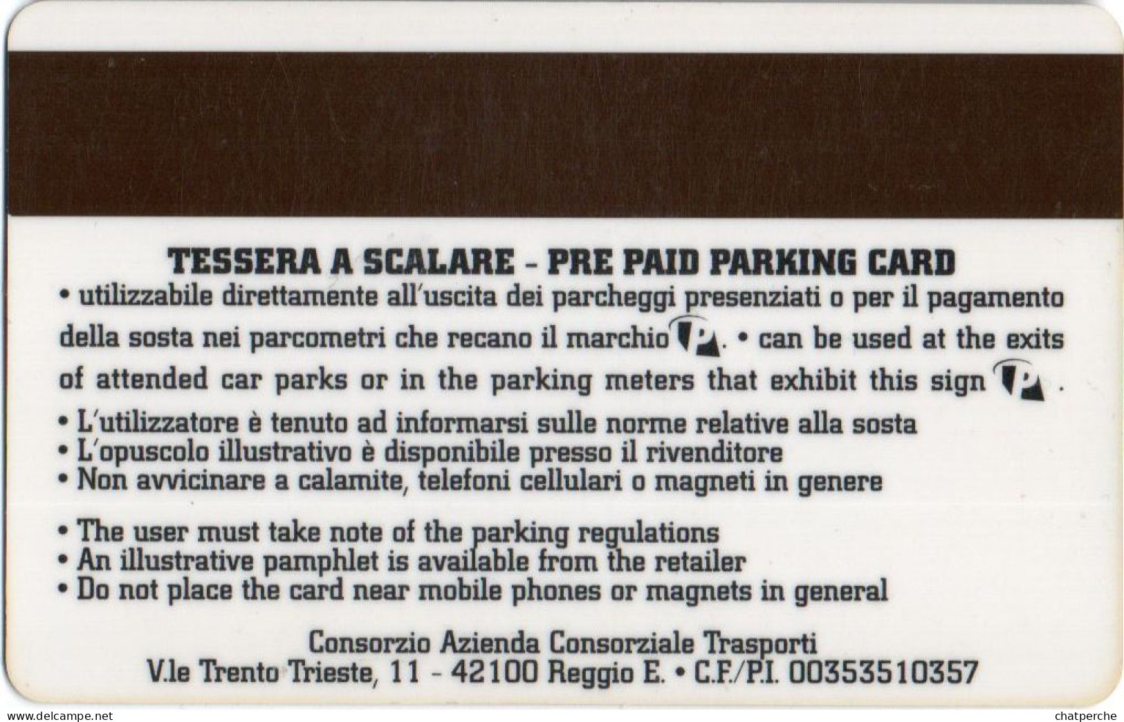 CARTE STATIONNEMENT BANDE MAGNETIQUE PARKING REGGIO EMILIA...  ITALIE - Other & Unclassified