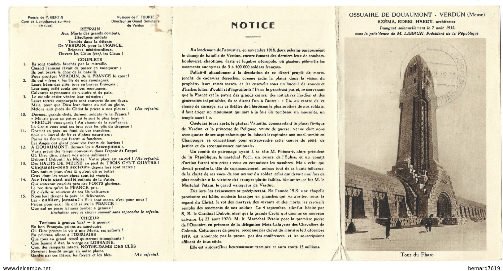 Publicite  -  Depliant Notice  Ossuaire De Douaumont - Verdun 55  Inaugure Le 7 Aout 1932 Sous La Presidence   Mr Lebrun - Publicités