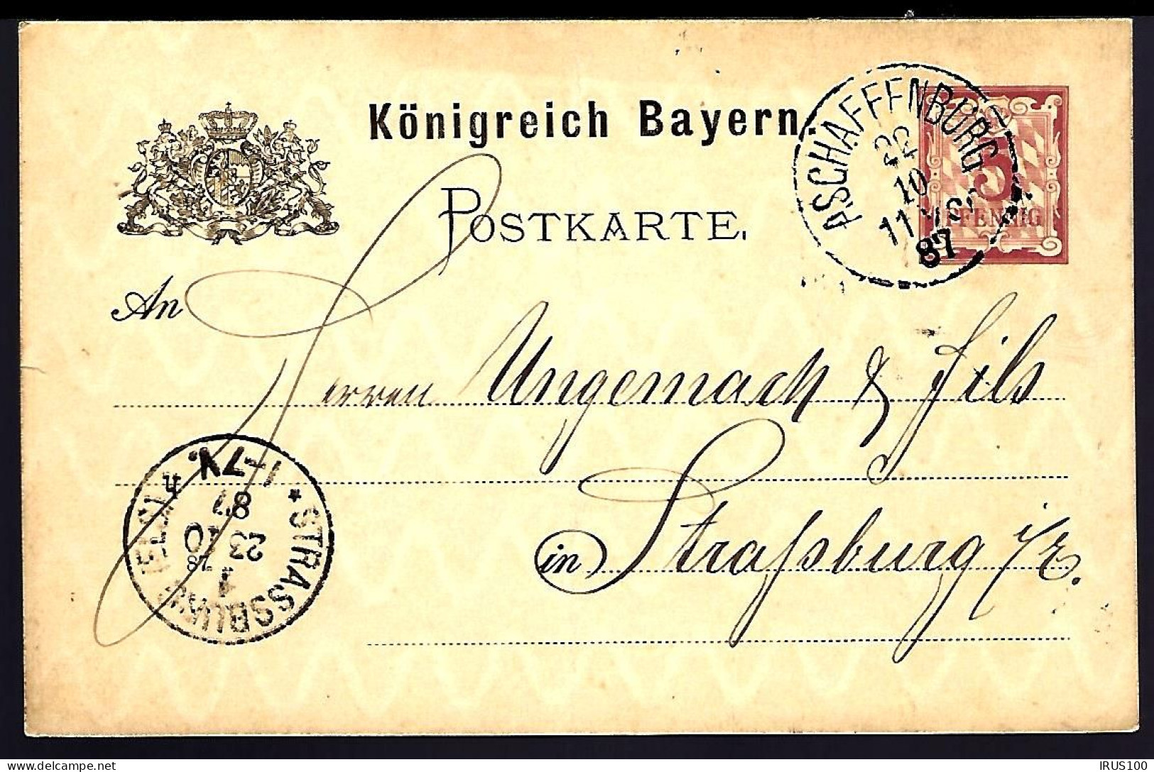 ENTIER POSTAL - 1887 - ASCHAFFENBURG - POUR STRASBOURG - GANZSACHE - Other & Unclassified