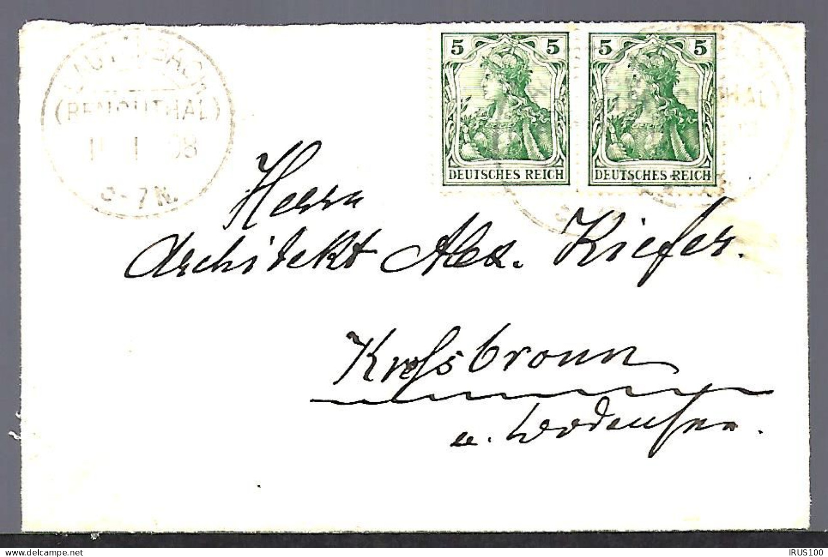 LETTRE DE LAUTENBACH RENCHTHAL - 1908 -  2 X 5pf Germania Vert - Other & Unclassified