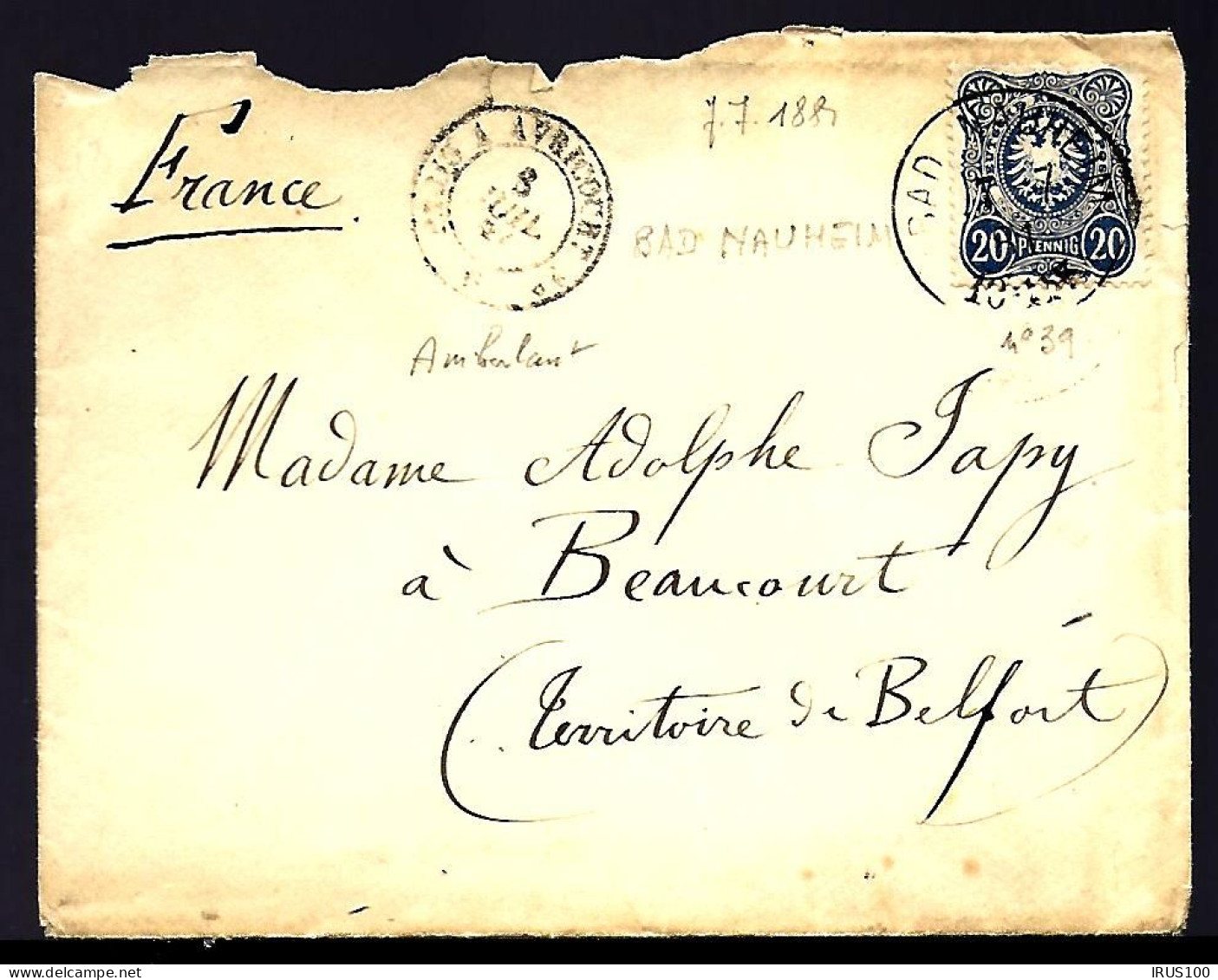 LETTRE DE BAD NAUHEIM - 1881 - 20pf BLEU POUR BEAUCOURT (BELFORT)  - Cartas & Documentos