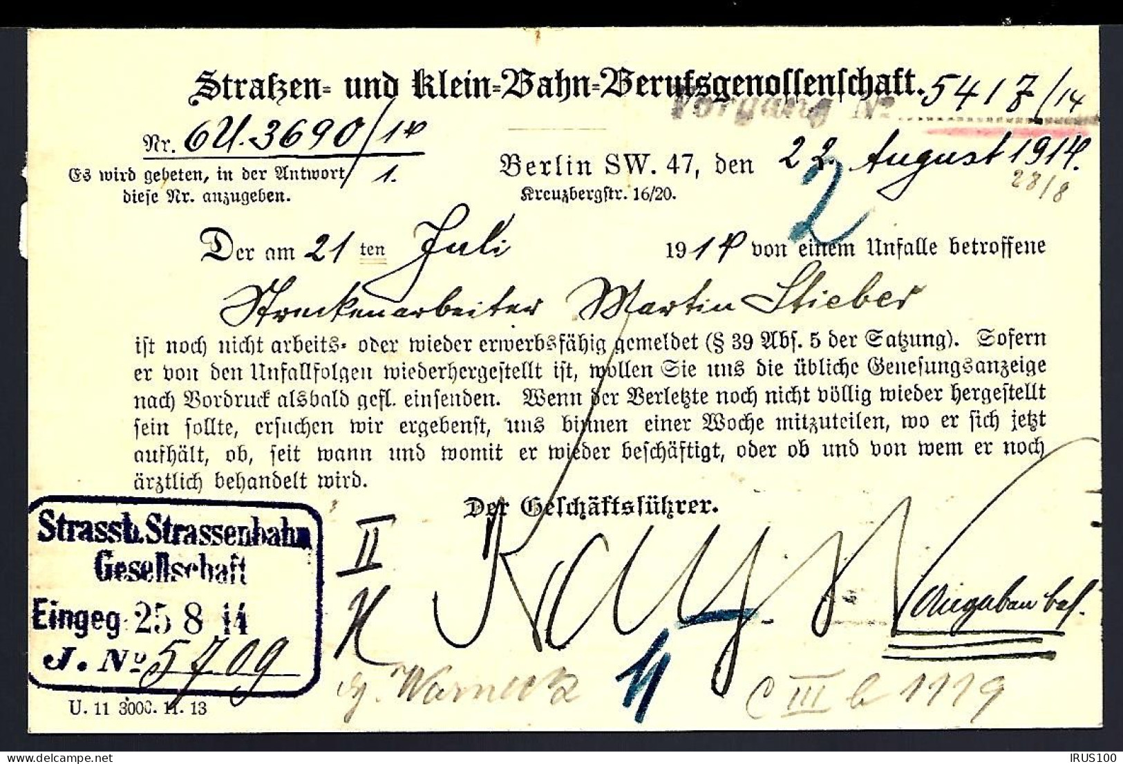 LETTRE DE BERLIN - 1914 - POUR STRASBOURG - Other & Unclassified