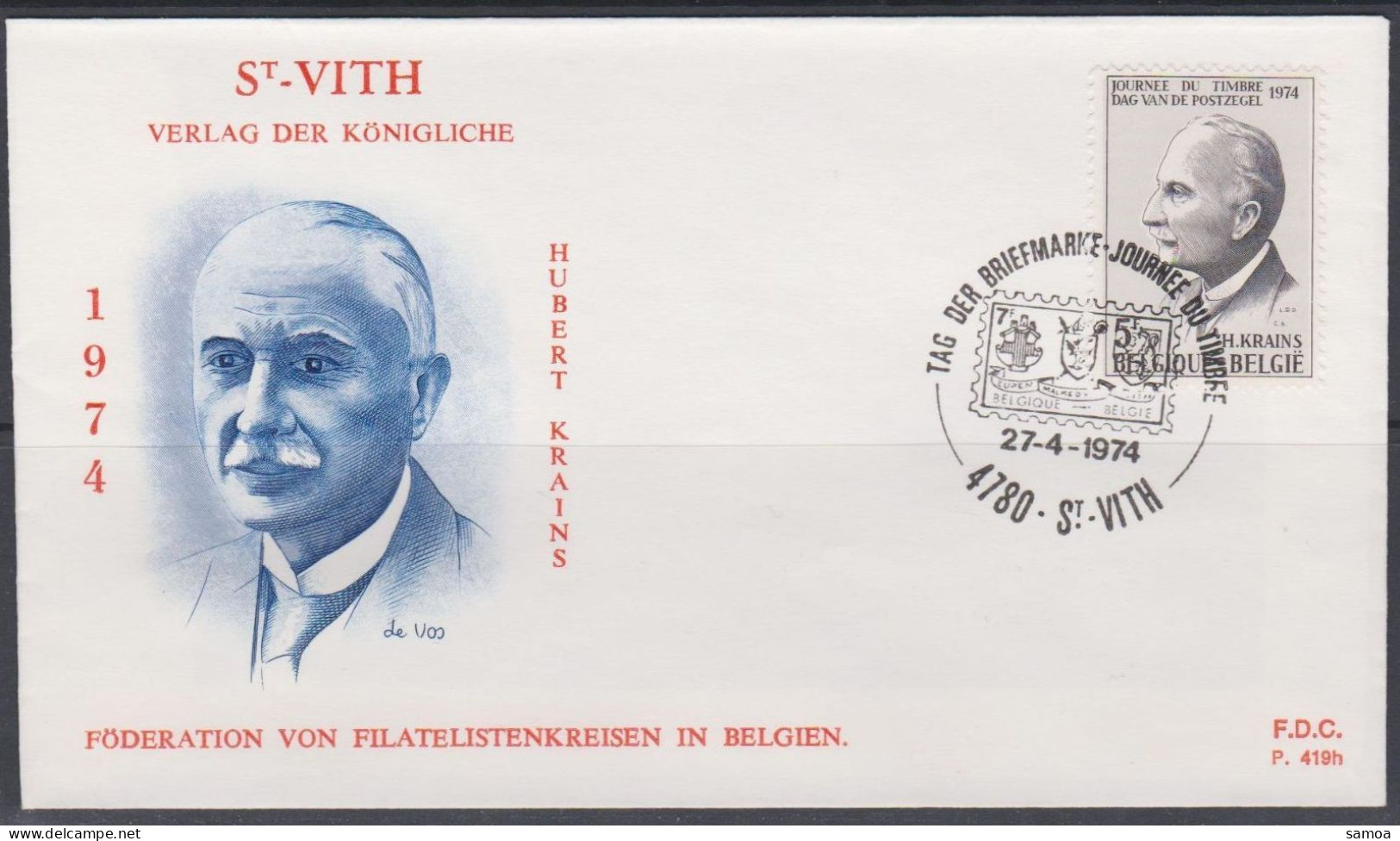 Belgique FDC 1974 1713 Journée Du Timbre Postes Hubert Krains St-Vith - 1971-1980