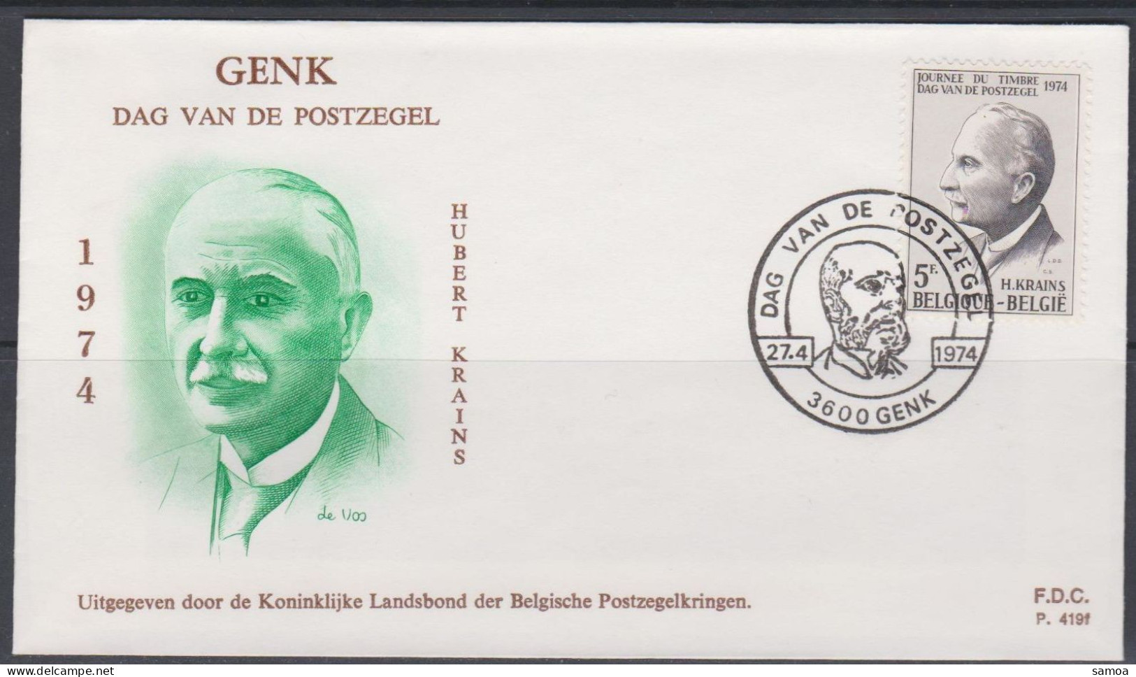 Belgique FDC 1974 1713 Journée Du Timbre Postes Hubert Krains Genk - 1971-1980