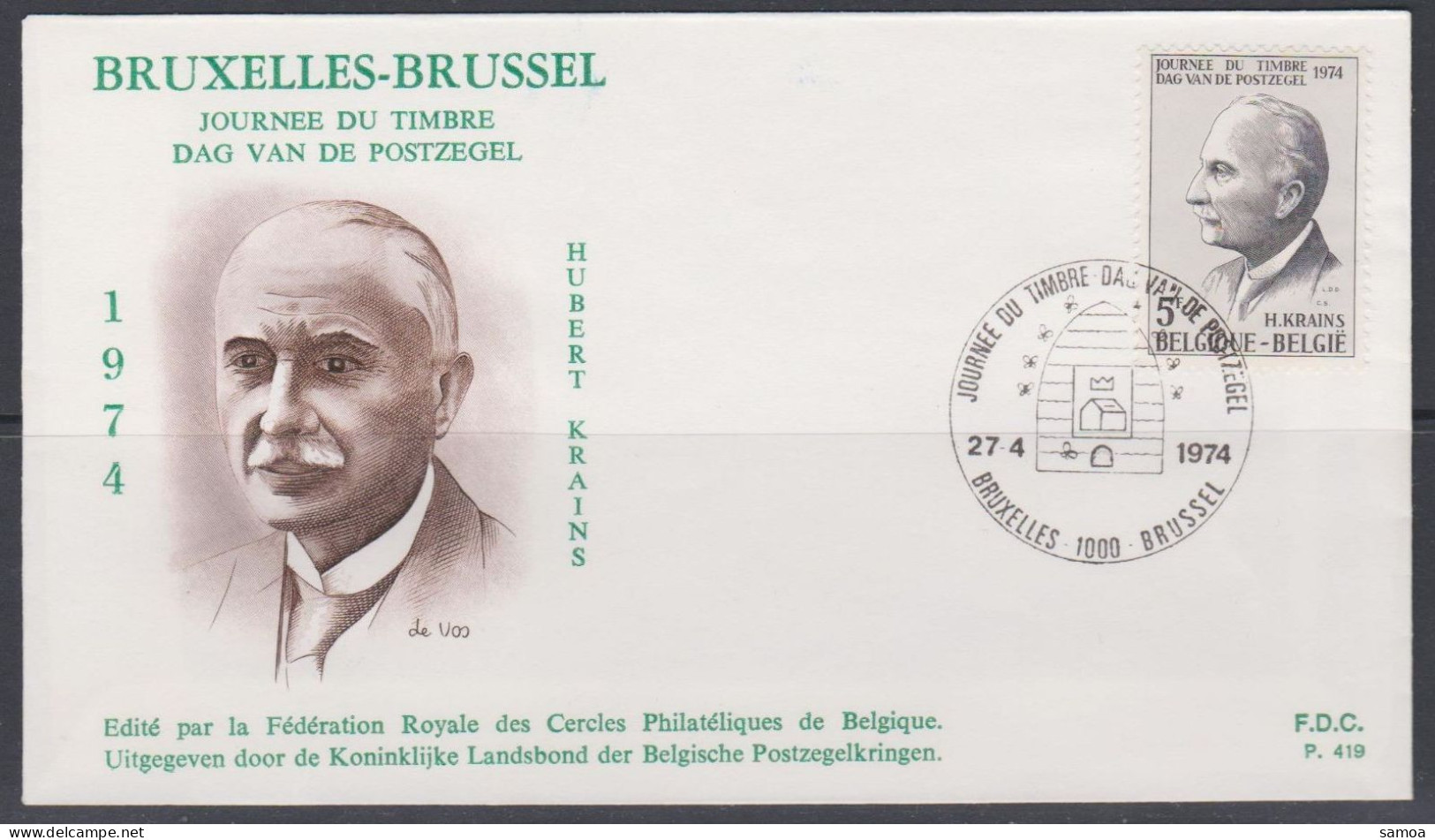 Belgique FDC 1974 1713 Journée Du Timbre Postes Hubert Krains Bruxelles 1000 Brussel - 1971-1980
