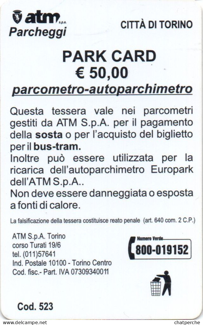 CARTE STATIONNEMENT PARKING TURIN TORINO  ITALIE - Autres & Non Classés
