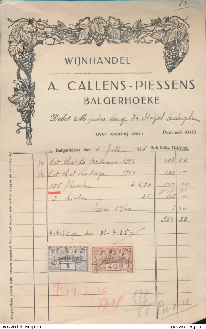 BALGERHOEKE 1926. WIJNHANDEL  A. CALLENS - PIESSENS - 1900 – 1949