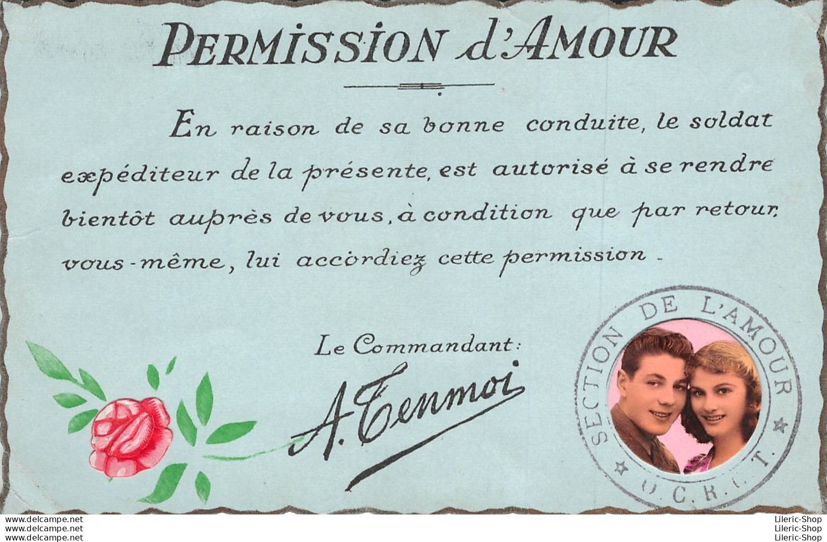 Couple Amoureux Militaria Humoristique, PERMISSION D'AMOUR, Signé Le Commandant A. Tenmoy Cpa - Paare