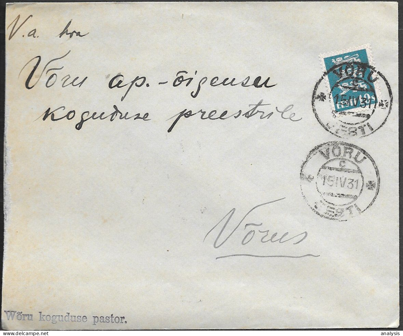 Estonia Voeru Church Cover Mailed 1931 - Estonie