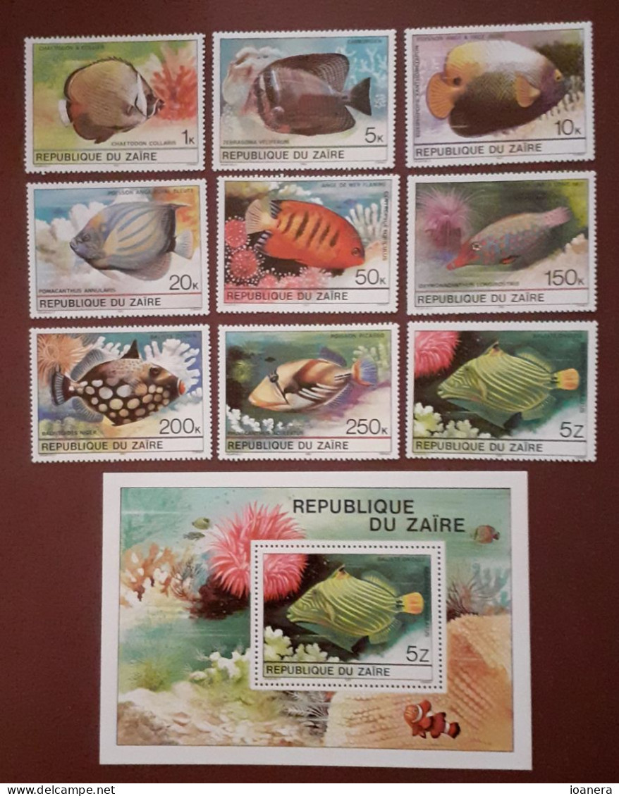 Zaire  1980 - Fauna , Fish, Complete Series 9 Values And Block, Perforated , MNH , Mi.664-672 , Bl.38 - Other & Unclassified