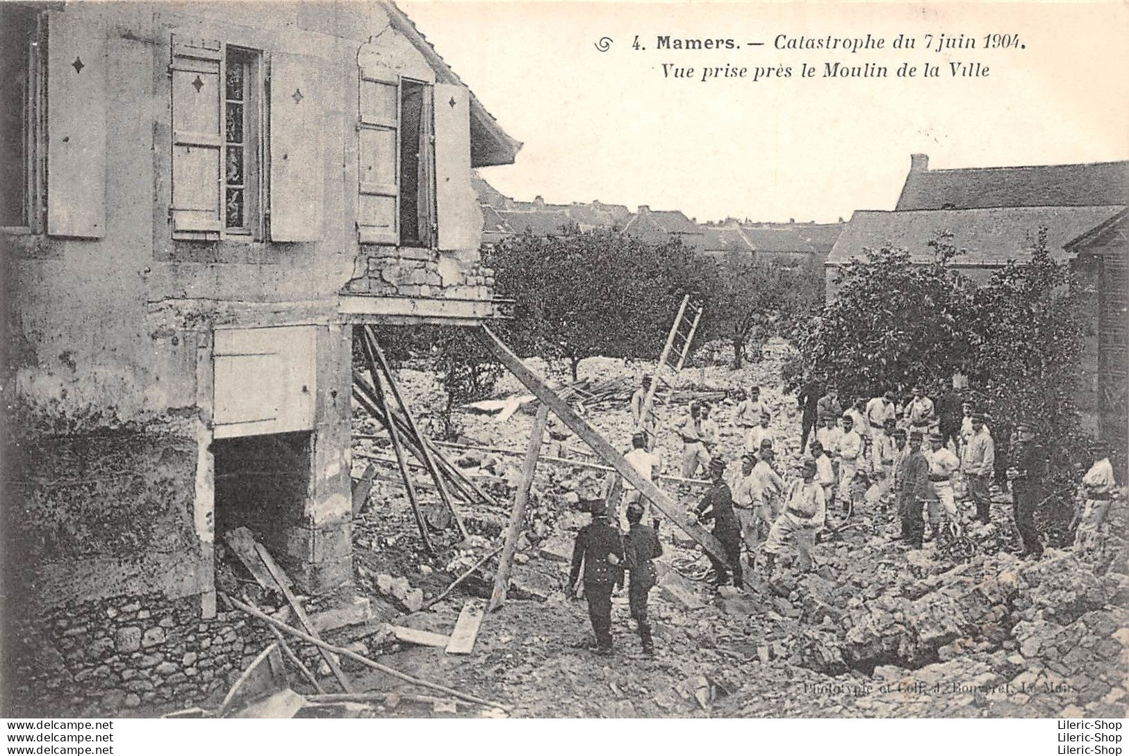 Catastrophe Du 7 Juin 1904 - Vue Prise Près Le Moulin De La Ville - Le 115ème R.I Sécurise Une Maison Qui S'effondre Cpa - Mamers