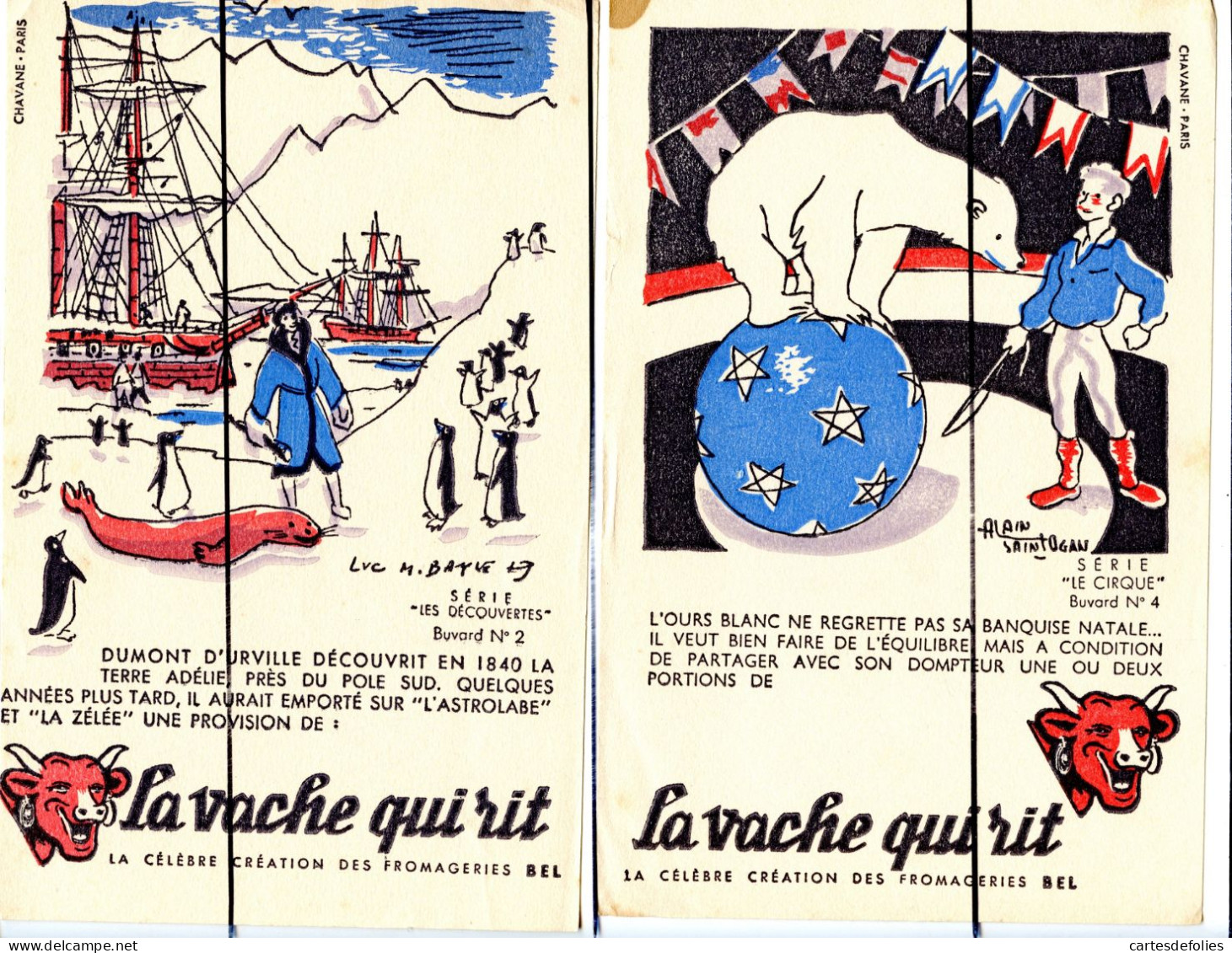 2 Buvards Publicité La Vache Qui Rit .LUC MARIE BAYLE. ALAIN SAINT OGAN .Ours Sur Ballon, Phoque Bateaux. Pingouins - Other & Unclassified
