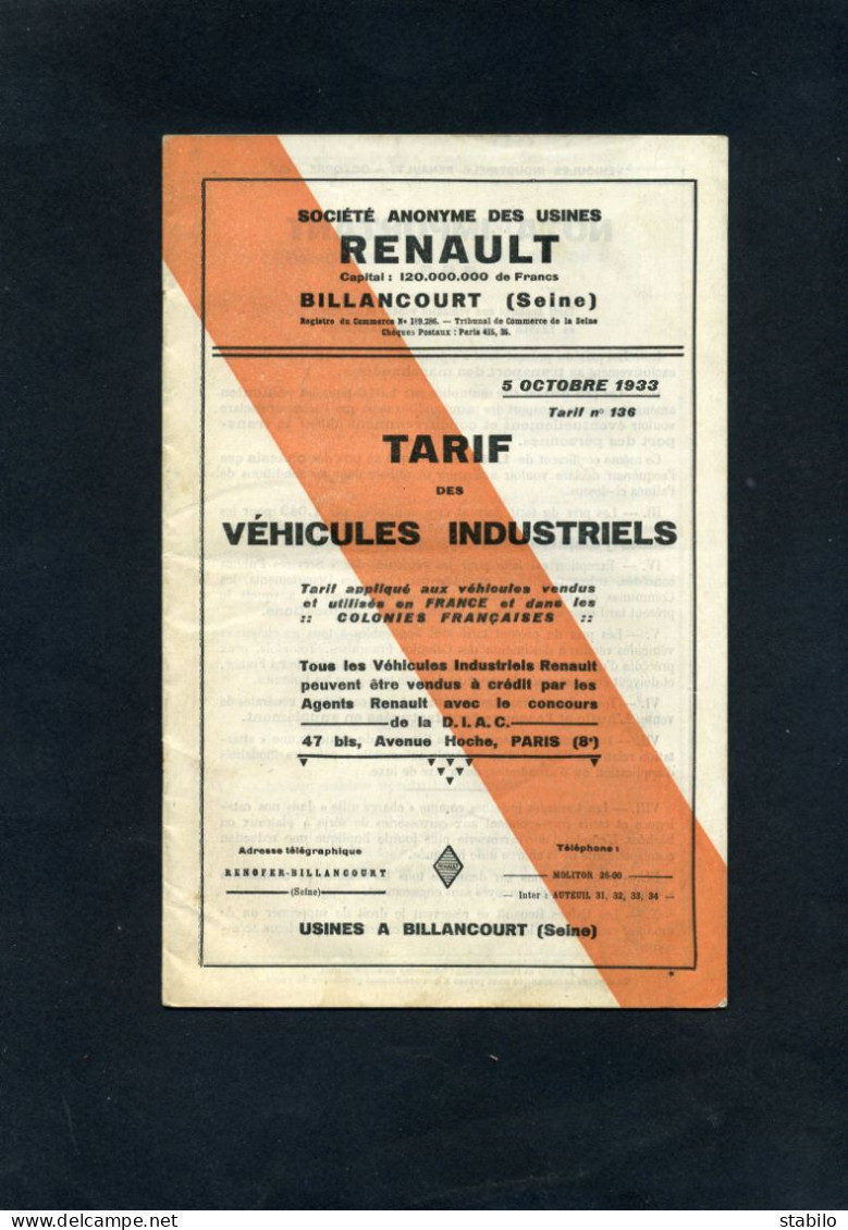 AUTOMOBILE - TARIFS RENAULT 1933  - VEHICULES INDUSTRIELS - Ohne Zuordnung