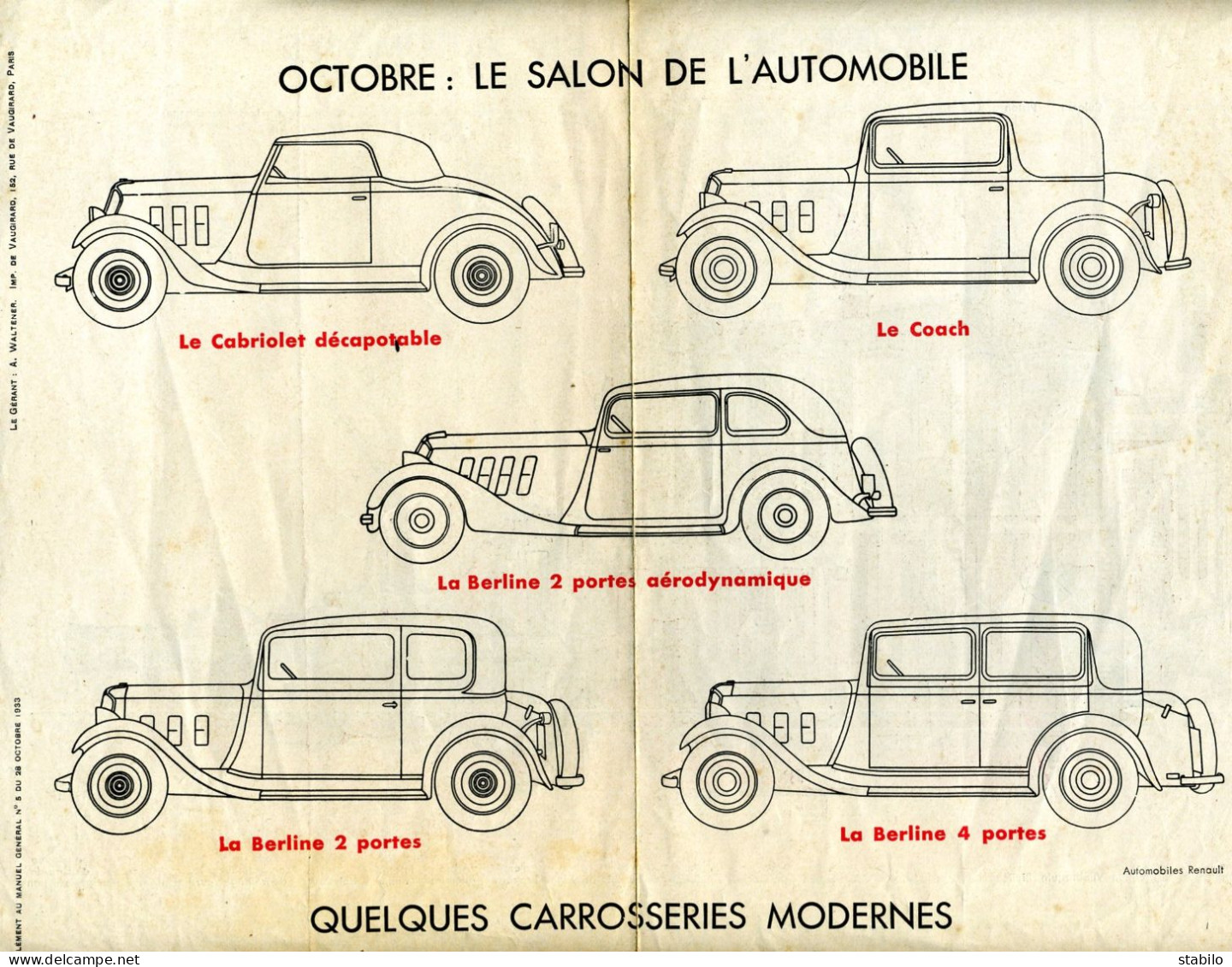 AUTOMOBILE - SALON DE L'AUTO D'OCTOBRE - DESSINS DE CAROSSERIES - COUPE MOTEUR RENAULT 6 CYLINDRES - Non Classés