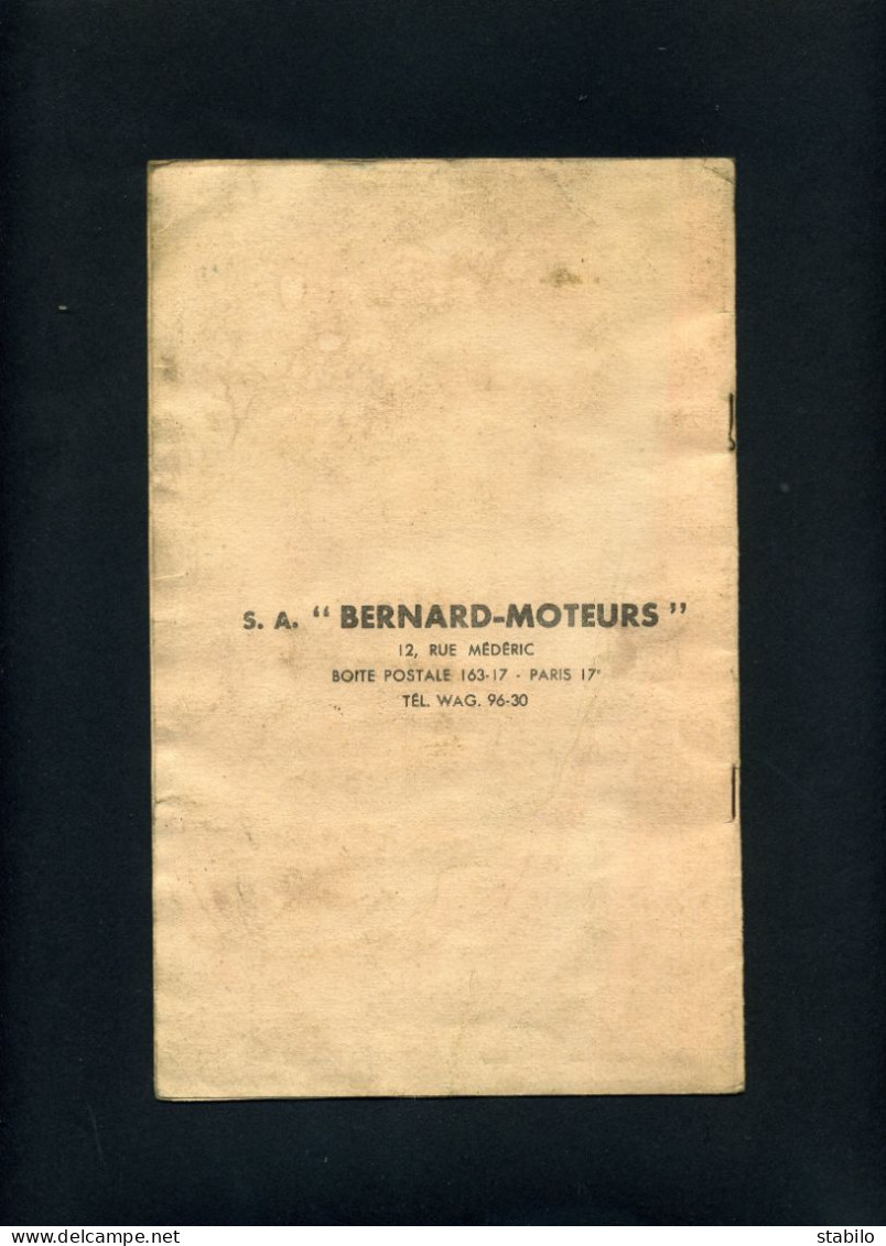AUTOMOBILE - MANUEL D'ENTRETIEN BERNARD-MOTEURS - PARIS - 17EME - 12 RUE MEDERIC - Non Classés