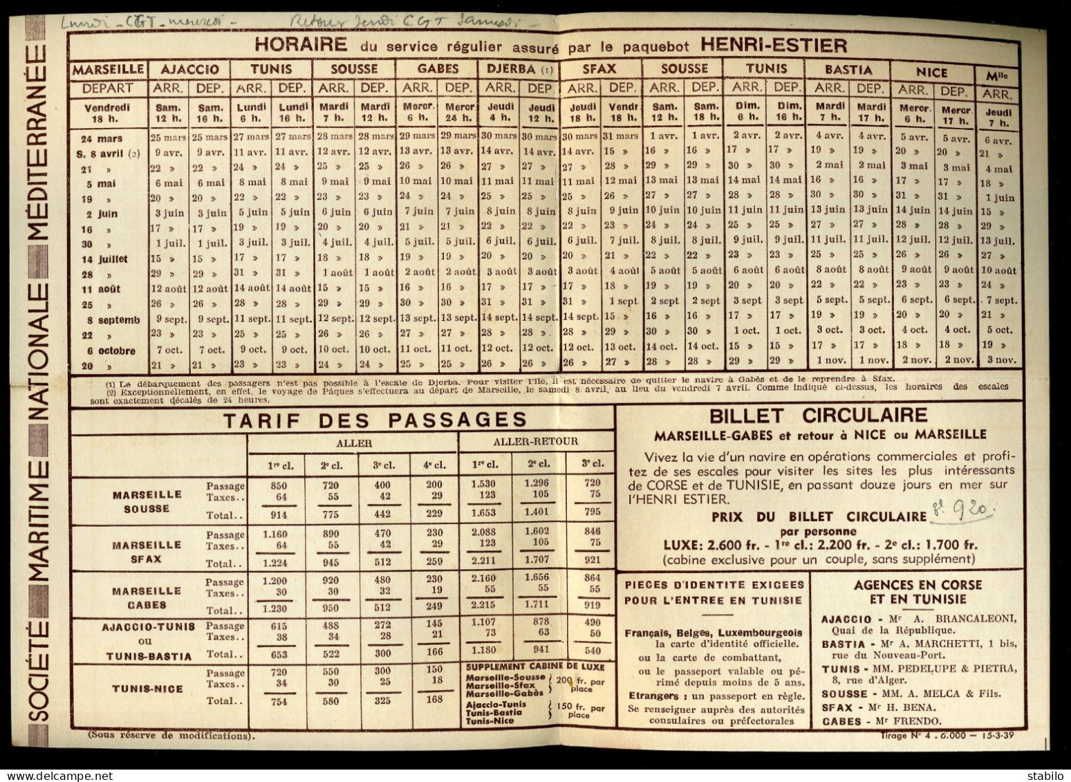 SOCIETE MARITIME NATIONALE MEDITERRANEE - HORAIRE NICE-CORSE-TUNISIE - Tourism