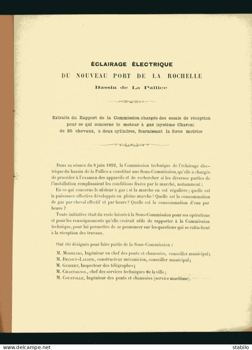 LA ROCHELLE (CHARENTE-MARITIME) - LIVRET TECHNIQUE SUR L'ECLAIRAGE ELECTRIQUE DU BASSIN DE LA PALLICE - AOUT 1892 - Poitou-Charentes