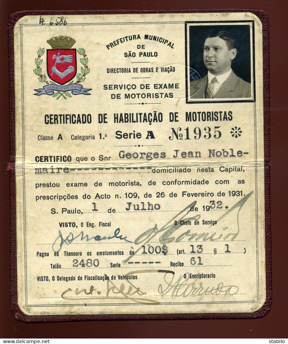 BRESIL - SAO POLO - PERMIS DE CONDUIRE DE 1932 - Non Classés