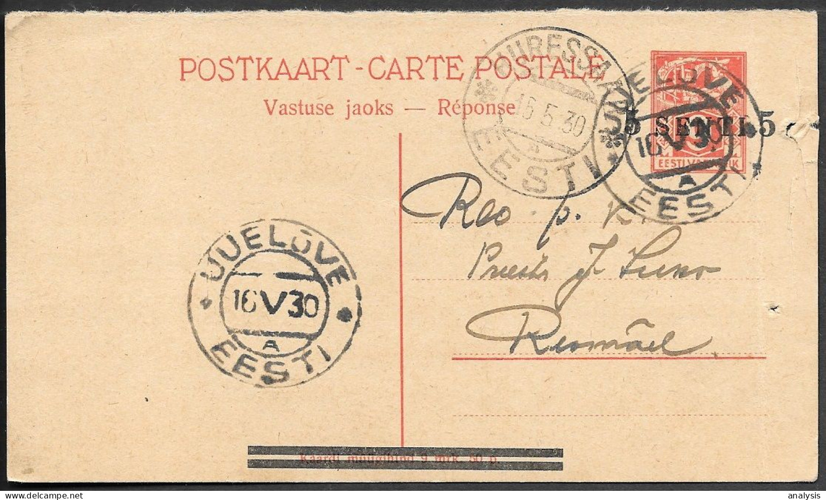 Estonia Uueloeve 5s Ovpr On 9M Postal Stationery Card Mailed To Kuressaare 1930 - Estonie