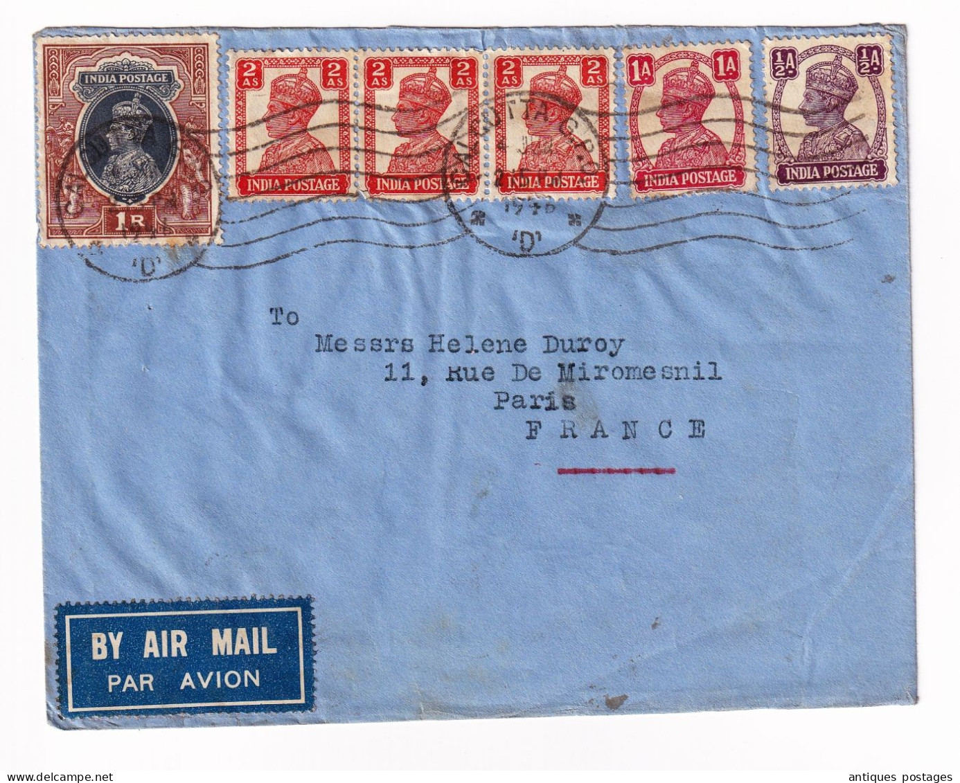 Cover India 1946 Calcutta Kolkata Inde Stamps Strip King George VI Hélène Duroy Paris France Air Mail - 1936-47 King George VI