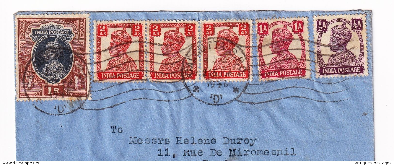 Cover India 1946 Calcutta Kolkata Inde Stamps Strip King George VI Hélène Duroy Paris France Air Mail - 1936-47 Roi Georges VI