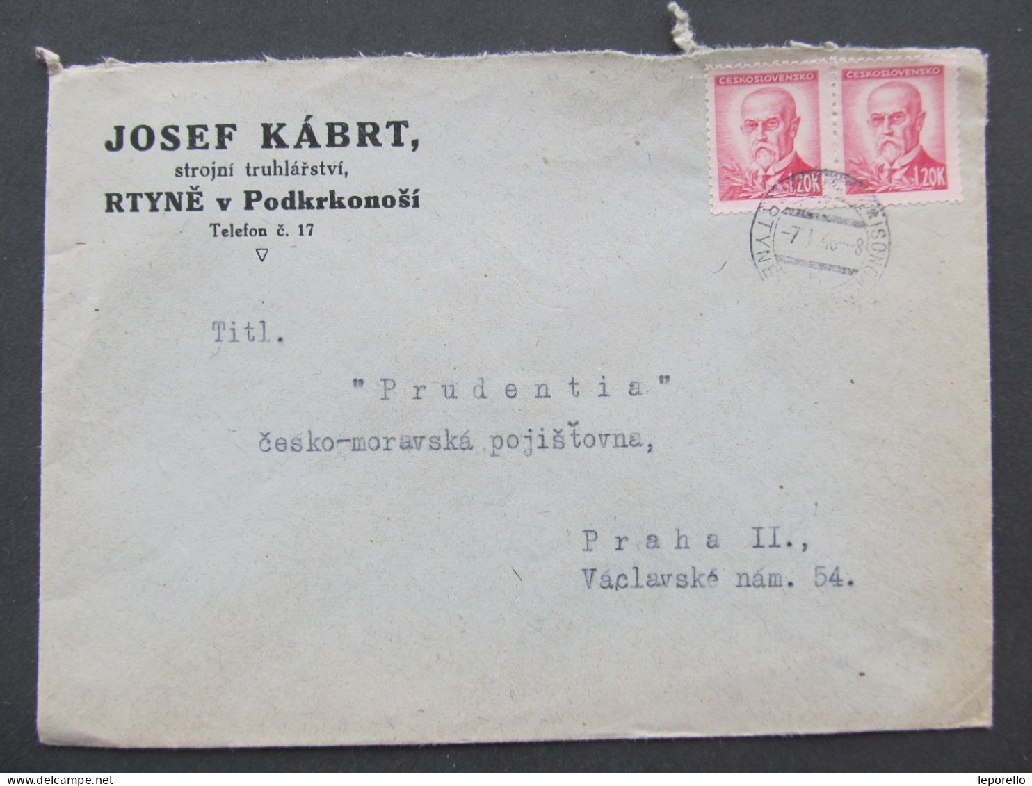 BRIEF Rtyně - Praha J. Kábrt Truhlář 1946 Provisorium  /// P9514 - Lettres & Documents