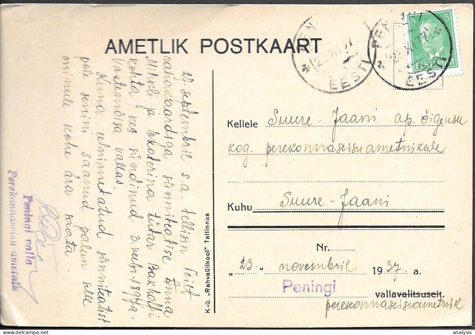 Estonia Peningi Municipal Government Official Postcard Mailed 1937. - Estonia