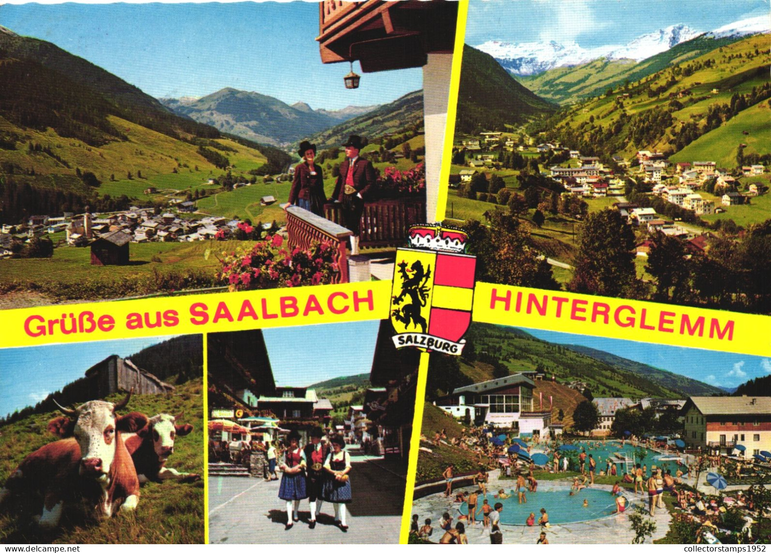 SAALBACH HINTERGLEMM, MULTIPLE VIEWS, ARCHITECTURE, EMBLEM, FOLKLORE, COWS, COSTUMES, TERRACE, AUSTRIA, POSTCARD - Saalbach