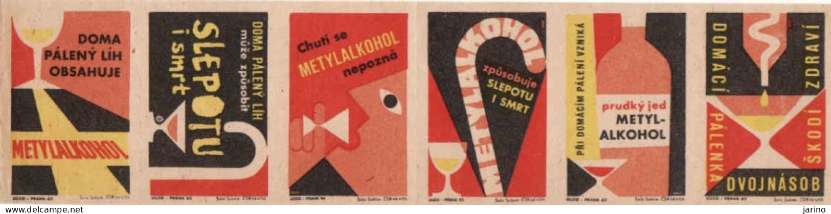 Czech Republic, 6 X Matchbox Labels, When Burning Alcohol At Home Poisonous Methylalcohol Is Produced - Luciferdozen - Etiketten