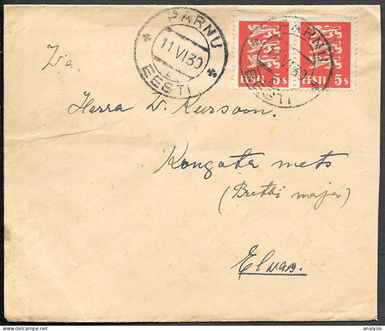 Estonia Paernu Cover Mailed To Elva 1930. 2x 5s Leopards Stamps - Estonia