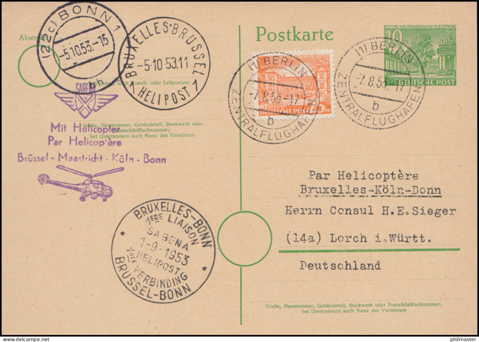 Hubschrauberpost SABENA-HELIPOST SSt Brüssel-Bonn 1.9.1953 Auf Ganzsache - Autres & Non Classés