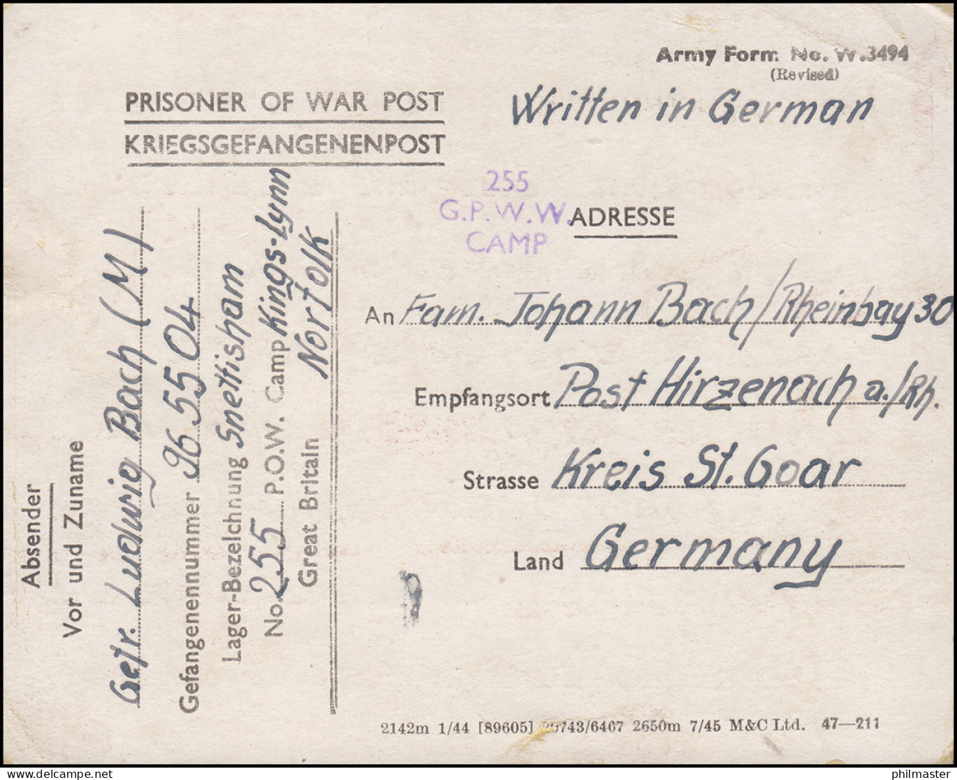 Kriegsgefangenenpost Karte Great Britain 255 Camp Kings-Lynn Norfolk 11.2.1946 - Feldpost 2e Guerre Mondiale