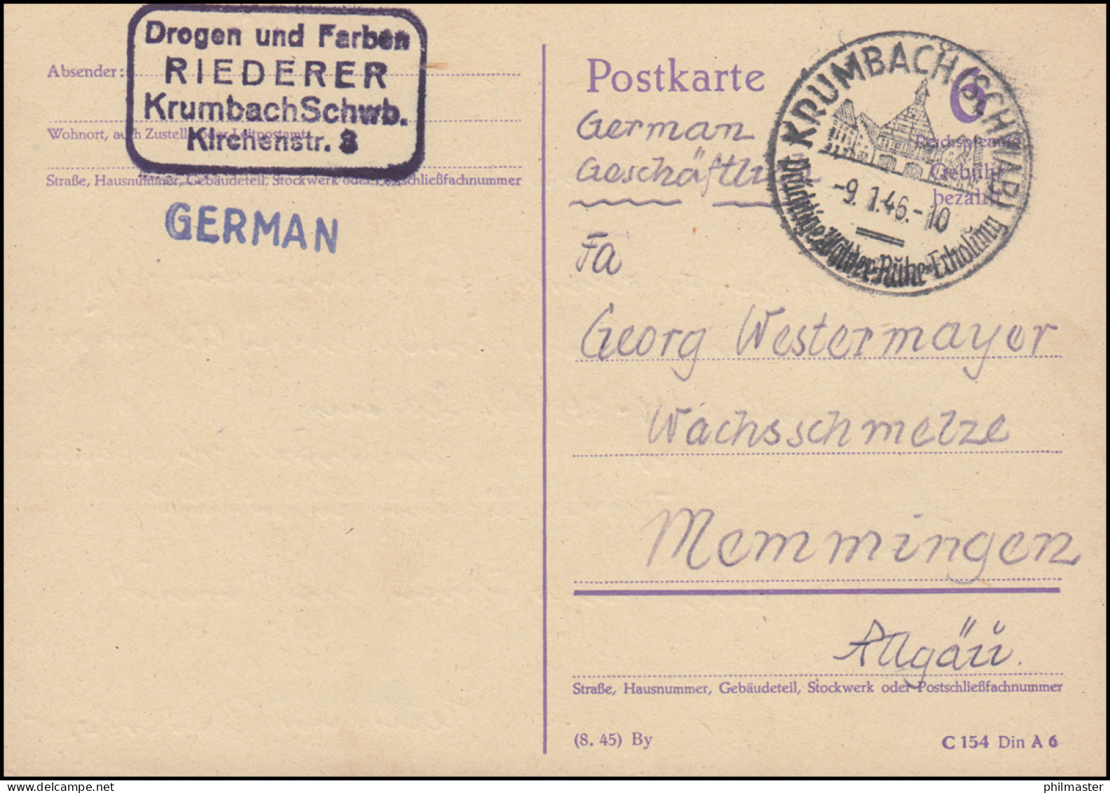 Behelfsausgabe Ganzsache P 631: Nur Die 6 Als Wertangabe SSt Krumbach 9.1.46 - Lettres & Documents