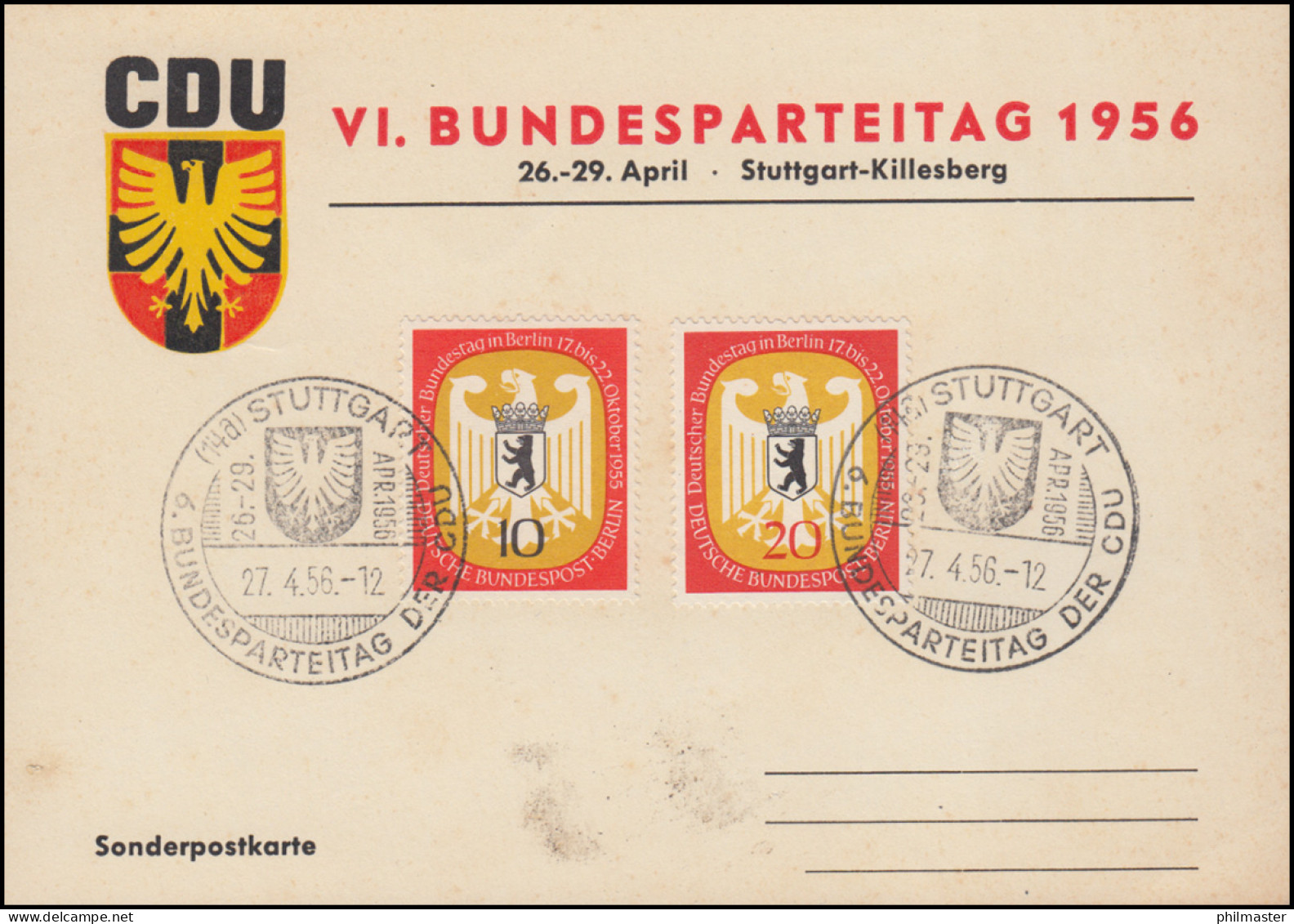 Sonderpostkarte Zum VI. Bundesparteitag Der CDU 1956 SSt STUTTGART 27.4.56 - Autres & Non Classés