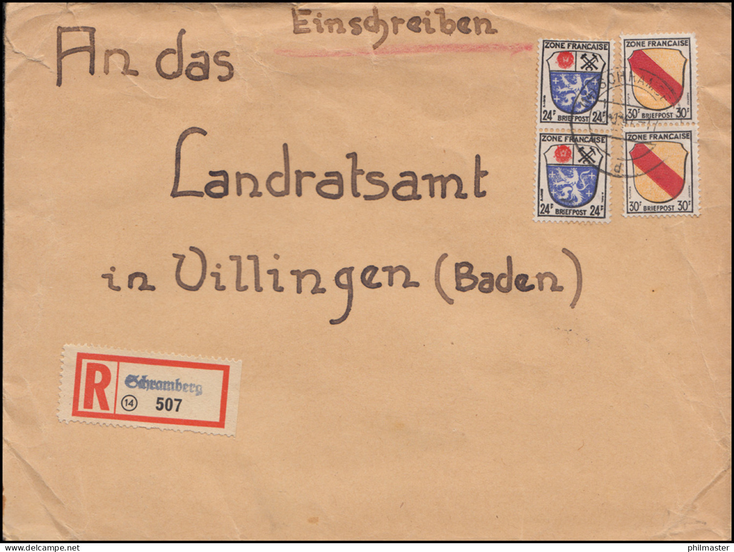 9+10 Wappen Zweimal 24+30 Pf. MiF R-Brief Not-R-Zettel Schramberg 20.1.1947 - R- Und V-Zettel