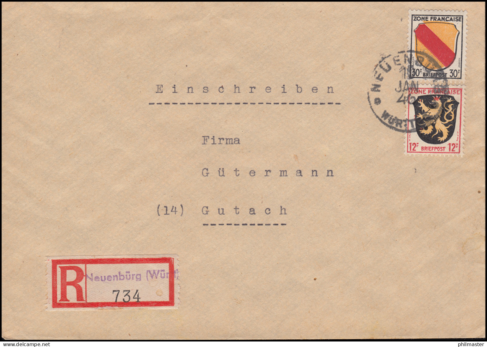 6+10 Wappen 12+30 Pf. MiF R-Brief Not-R-Zettel NEUENBÜRG (WÜRTT.) 10.1.1946 - R- & V- Labels