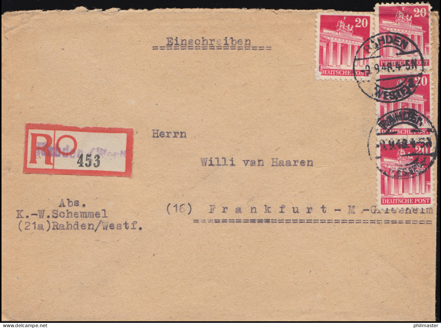 85wg Bautenserie Brandenburger Tor 20 Pf MeF R-Brief Not-R-Zettel Rahden 9.9.48 - R- & V- Labels