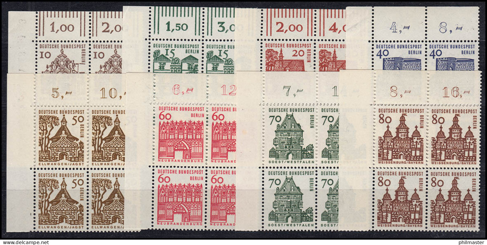 242-249 Bauwerke 8 Werte, Eckrand-Viererbl. O.l. Satz ** - Unused Stamps