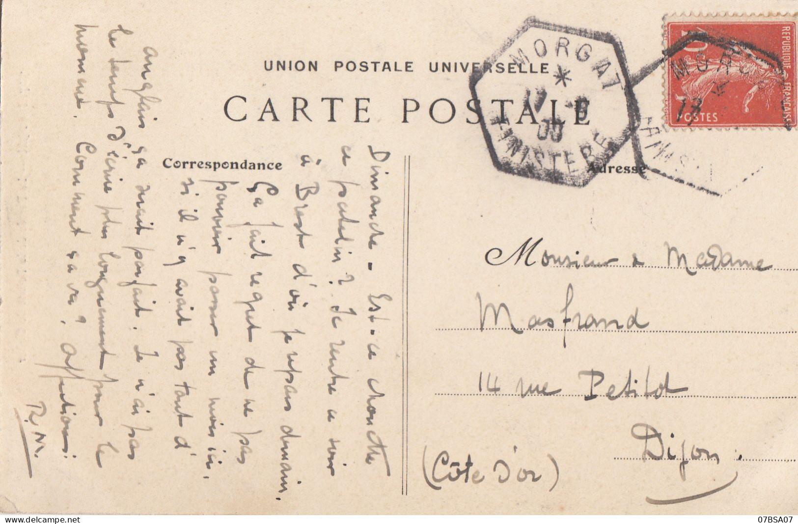 FINISTERE CP 1909 MORGAT RECETTE AUXILIAIRE RURALE PETIT VILLAGE DE PECHEUR SUR LA COMMUNE DE CROZON - 1877-1920: Période Semi Moderne