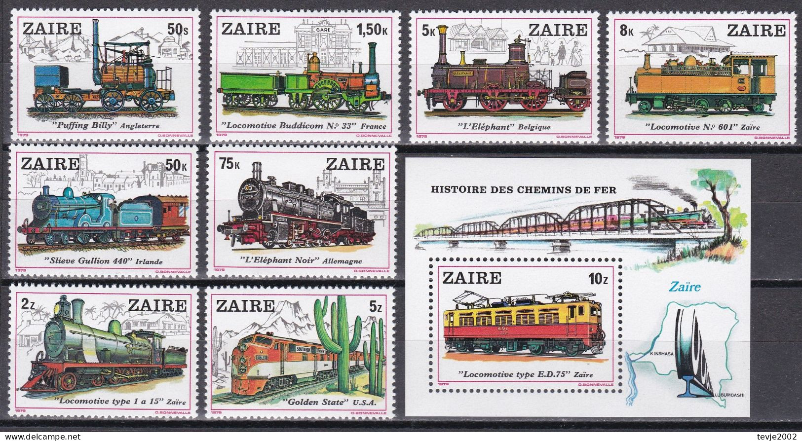 Kongo Zaire 1980 - Mi.Nr. 622 - 629 + Block 31 - Postfrisch MNH - Eisenbahnen Railways Lokomotiven Locomotives - Eisenbahnen