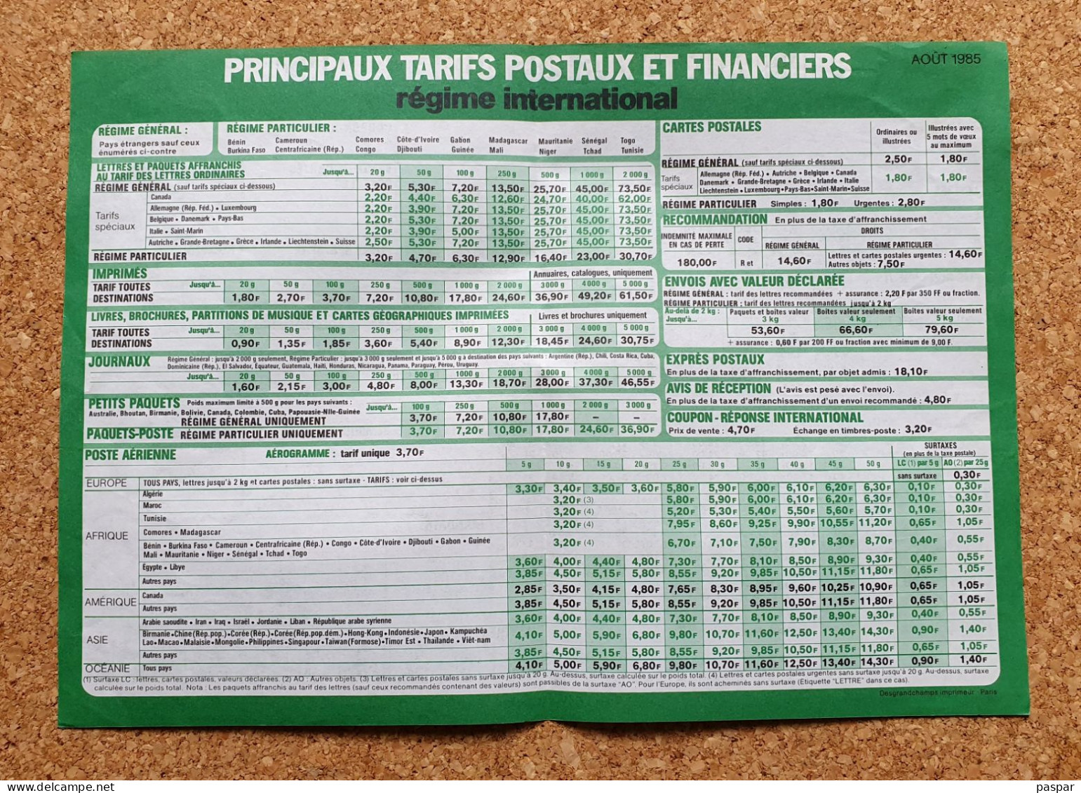 Principaux Tarifs Postaux Et Financiers La Poste France Août 1985 - Postdokumente