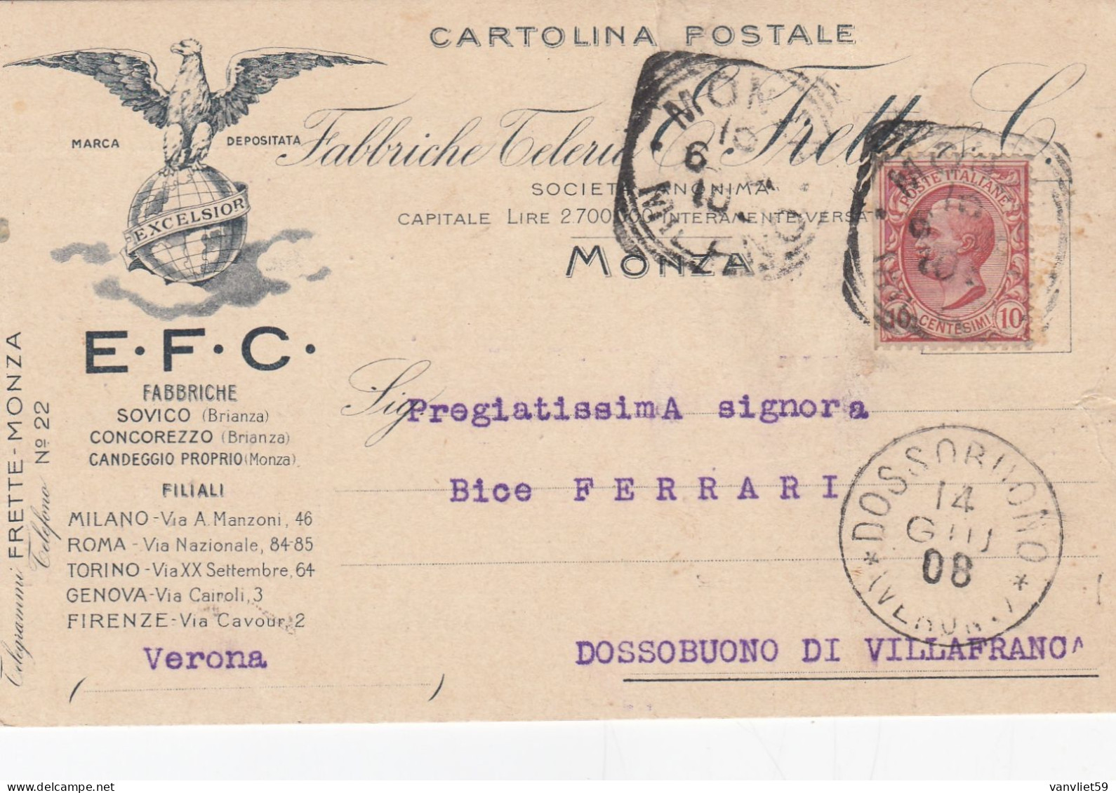 MONZA-FABBRICHE TELERIE =FRETTE & C= CARTOLINA  TESTATINA PUBBLICITARIA-VIAGGIATA IL 13-6-1908 - Monza