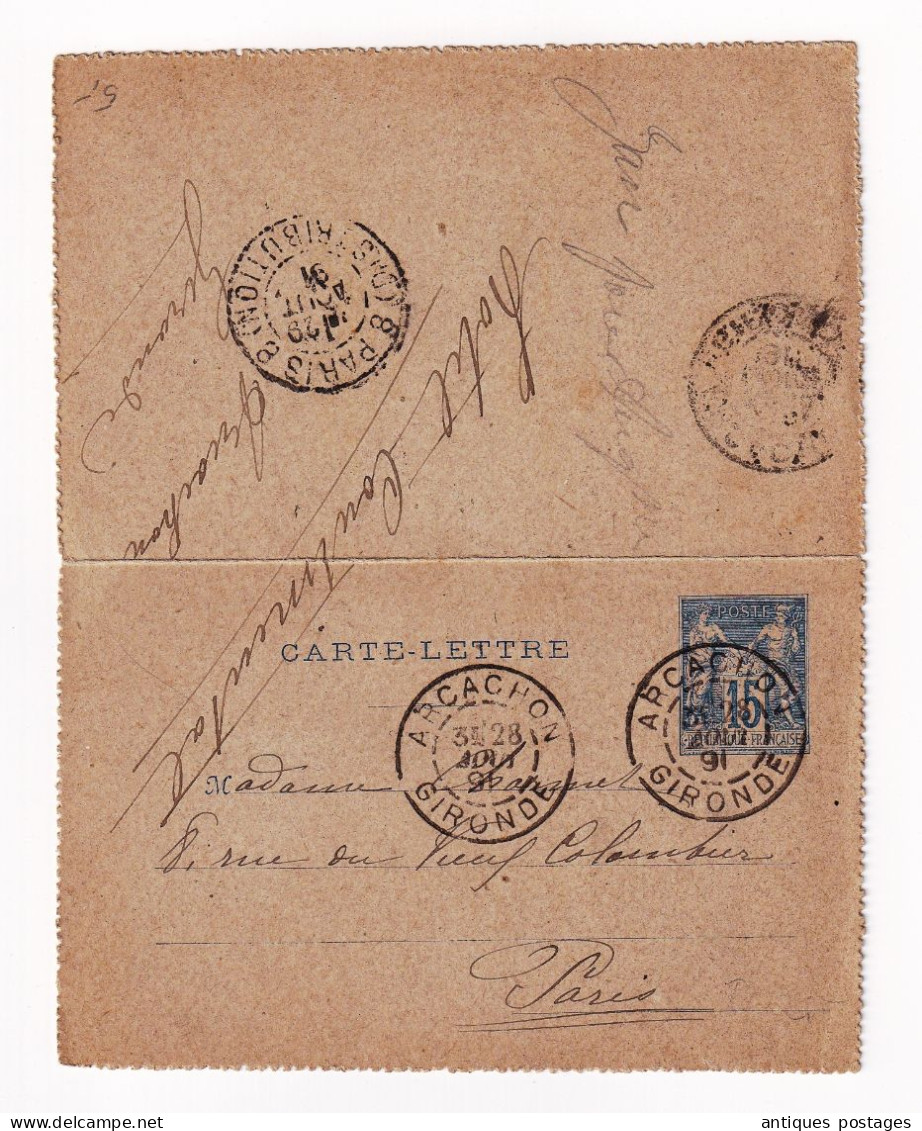 Entier Postal 1891 Arcachon Hôtel Continental Gironde Carte Lettre Type Sage - Cartes Postales Types Et TSC (avant 1995)