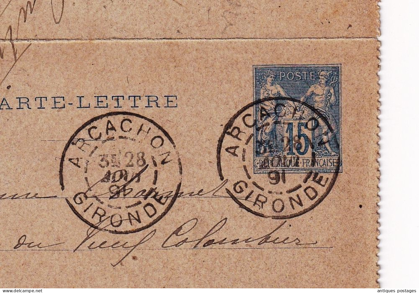 Entier Postal 1891 Arcachon Hôtel Continental Gironde Carte Lettre Type Sage - Standard Postcards & Stamped On Demand (before 1995)