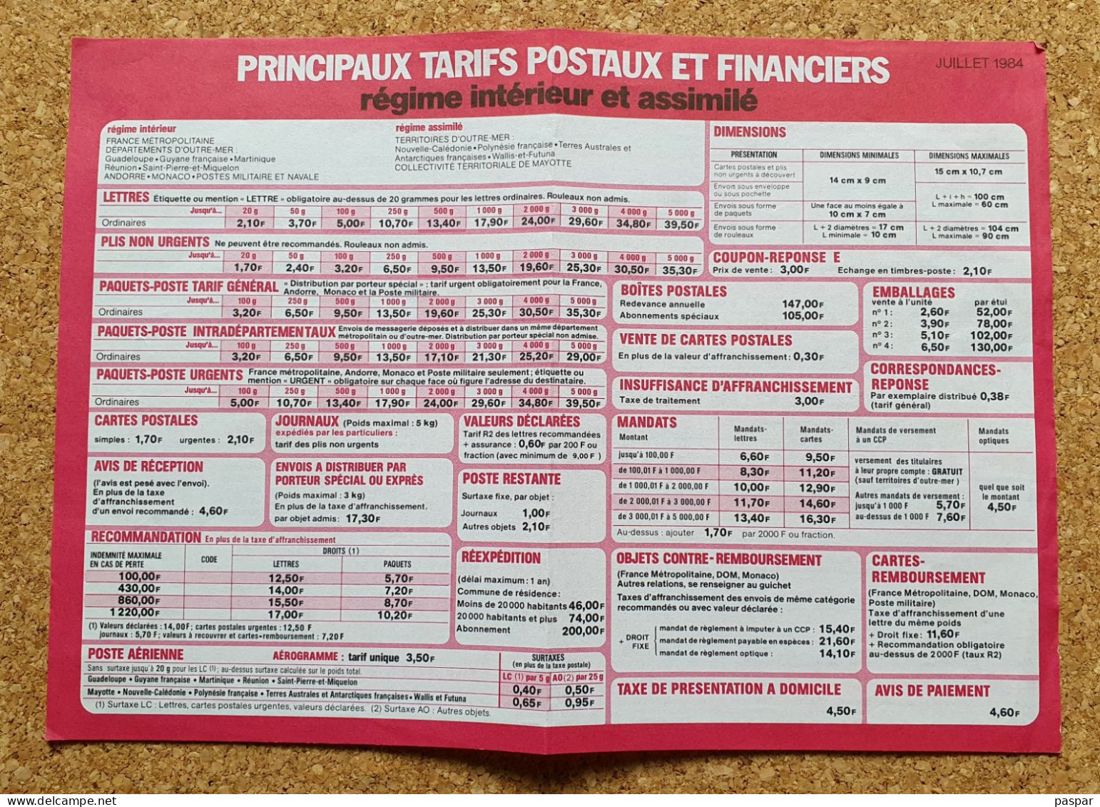 Principaux Tarifs Postaux Et Financiers La Poste France Juillet 1984 - Documents Of Postal Services