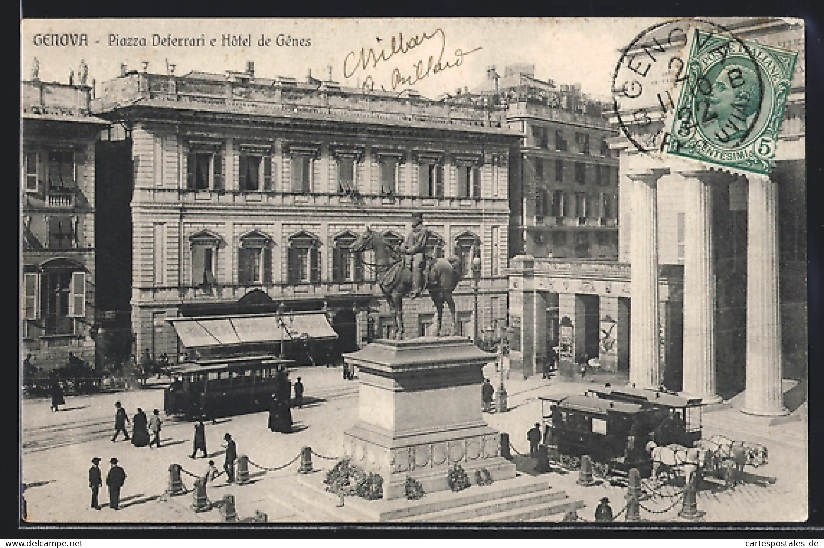 AK Genova, Piazza Deferrari E Hôtel De Gênes, Strassenbahn  - Tramways