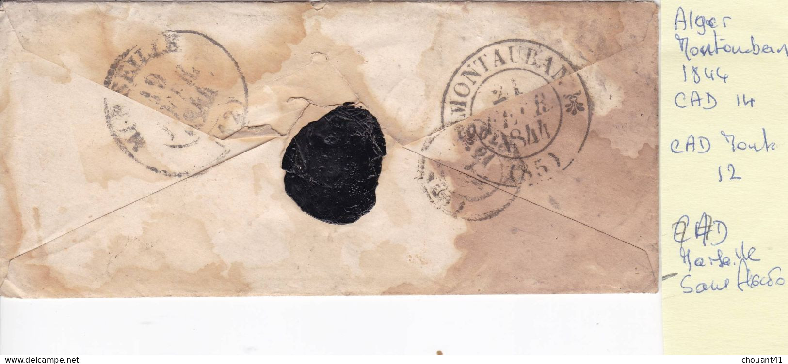 LAC D'Alger Pour Montauban 1844 Taxe Façon Manuscrite - 1801-1848: Vorläufer XIX