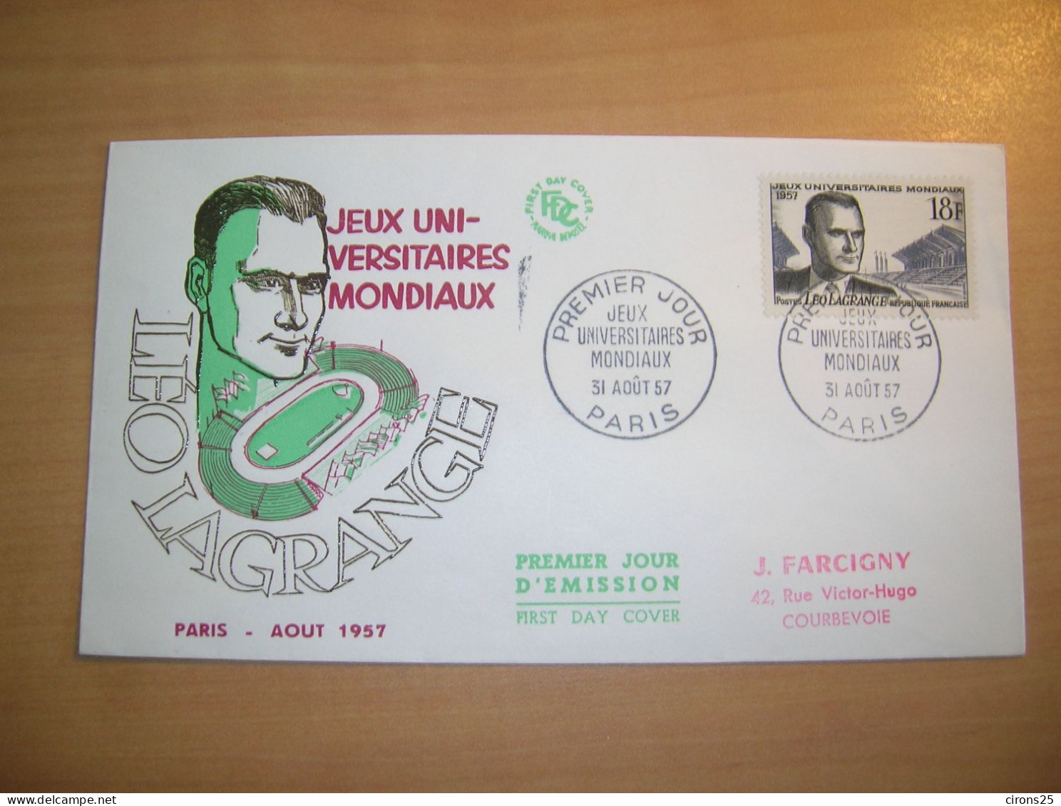 FDC 1957  JEUX UNIVERSITAIRES MONDIAUX - PARIS - 1950-1959